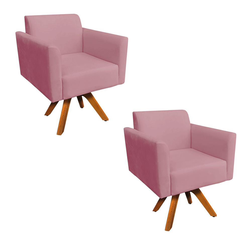 Kit 02 Poltronas Giratória Marisa Suede Rose Base Madeira MM30 D'Rossi