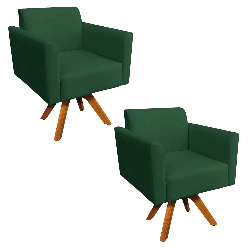 Kit 02 Poltronas Giratória Marisa Suede Verde Base Madeira MM30 D'Rossi
