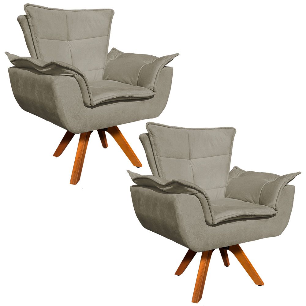Kit 02 Poltronas Giratória Opala Suede Marrom Rato Base Madeira MM30 D'Rossi