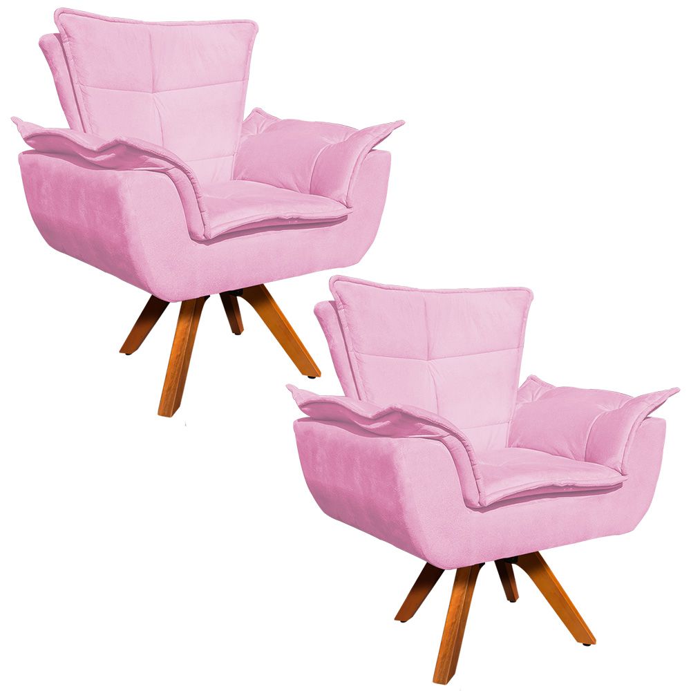 Kit 02 Poltronas Giratória Opala Suede Rosa Bebe Base Madeira MM30 D'Rossi