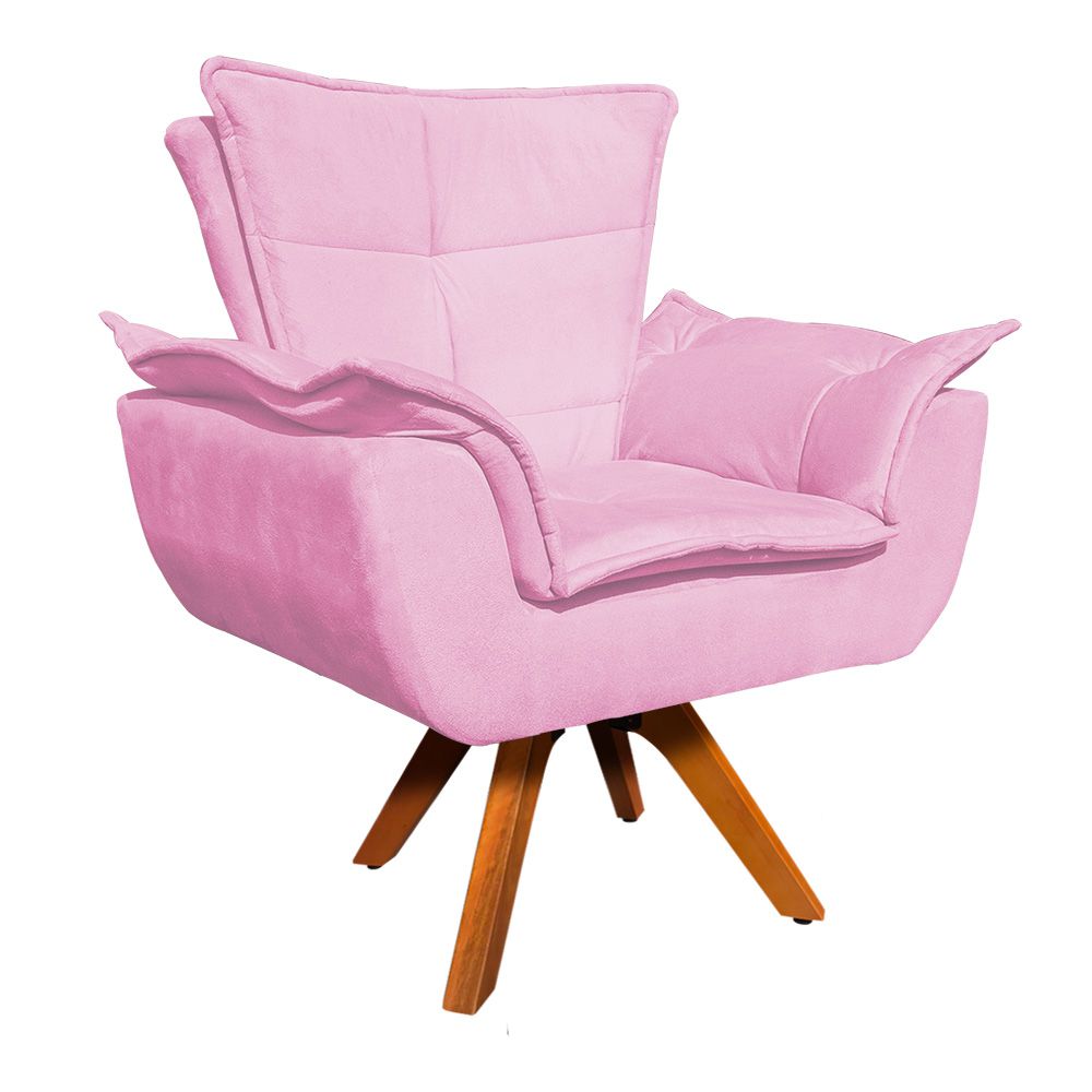 Kit 02 Poltronas Giratória Opala Suede Rosa Bebe Base Madeira MM30 D'Rossi