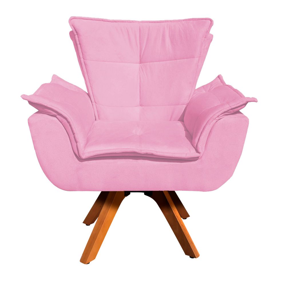 Kit 02 Poltronas Giratória Opala Suede Rosa Bebe Base Madeira MM30 D'Rossi