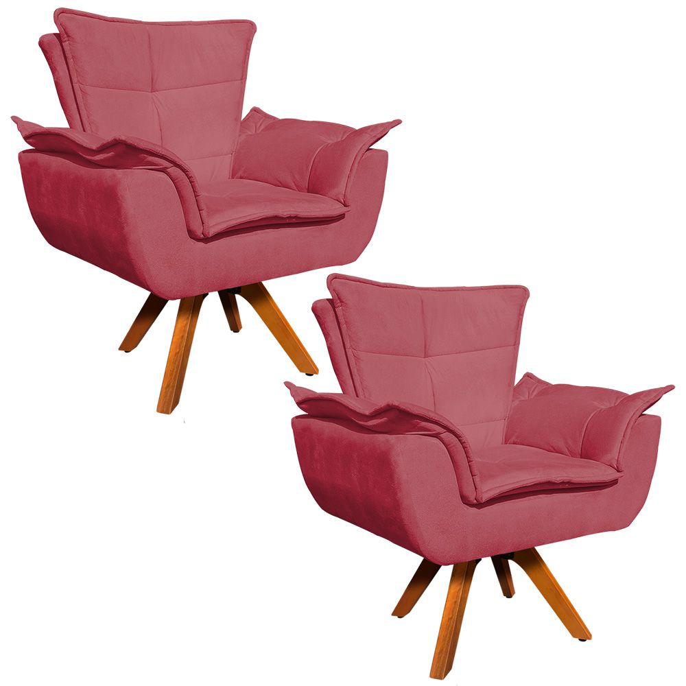 Kit 02 Poltronas Giratória Opala Suede Rose Base Madeira MM30 D'Rossi