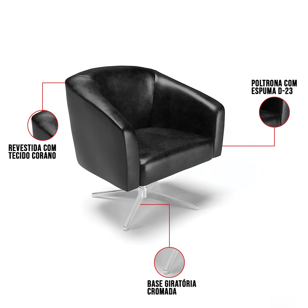 Kit 02 Poltronas Giratória Stella Corano Preto Base Cromada - D'Rossi