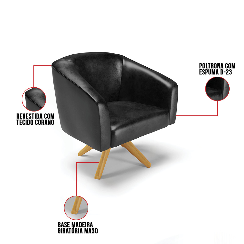 Kit 02 Poltronas Giratória Stella Corano Preto Base Madeira MA30 - D'Rossi