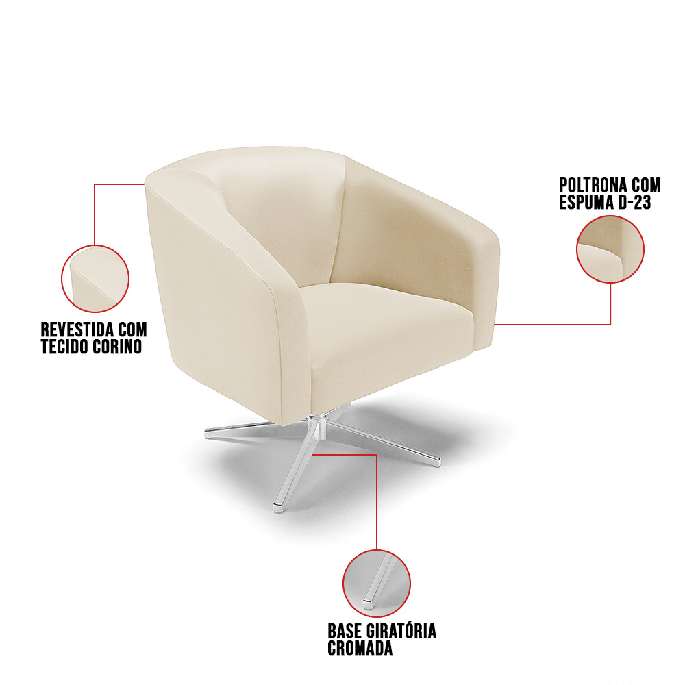 Kit 02 Poltronas Giratória Stella Corino Bege Base Cromada - D'Rossi