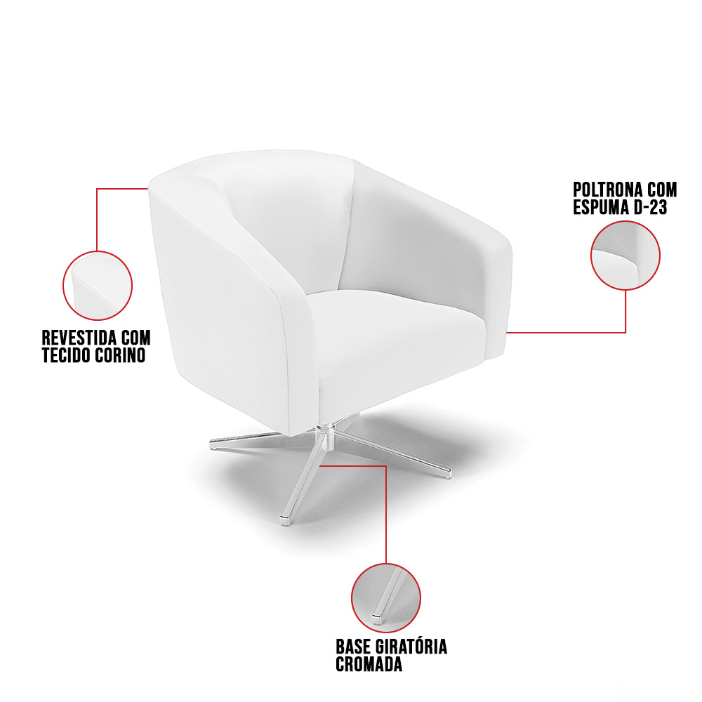Kit 02 Poltronas Giratória Stella Corino Branco Base Cromada - D'Rossi