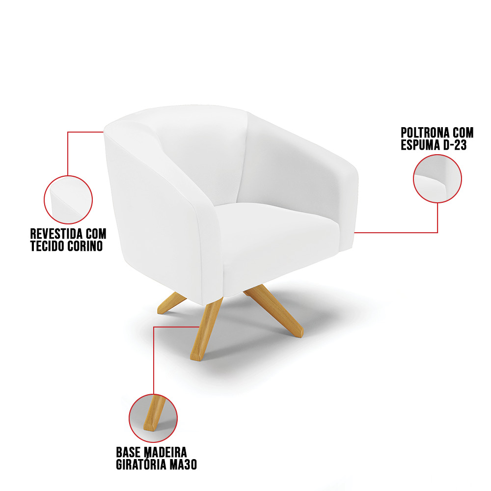 Kit 02 Poltronas Giratória Stella Corino Branco Base Madeira MA30 - D'Rossi