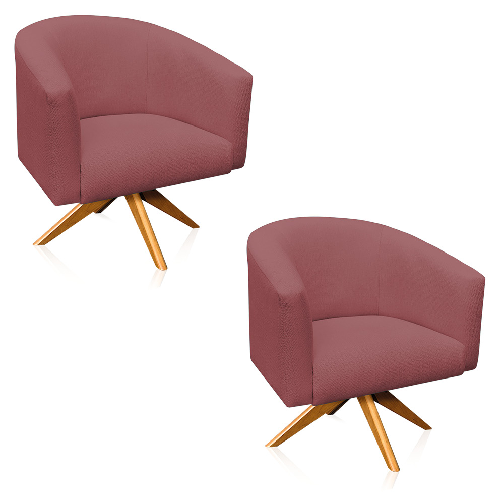 Kit 02 Poltronas Giratória Stella Linho Whisky Rosê A106 Base Madeira MA30 - D'Rossi
