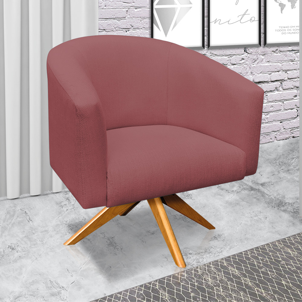 Kit 02 Poltronas Giratória Stella Linho Whisky Rosê A106 Base Madeira MA30 - D'Rossi
