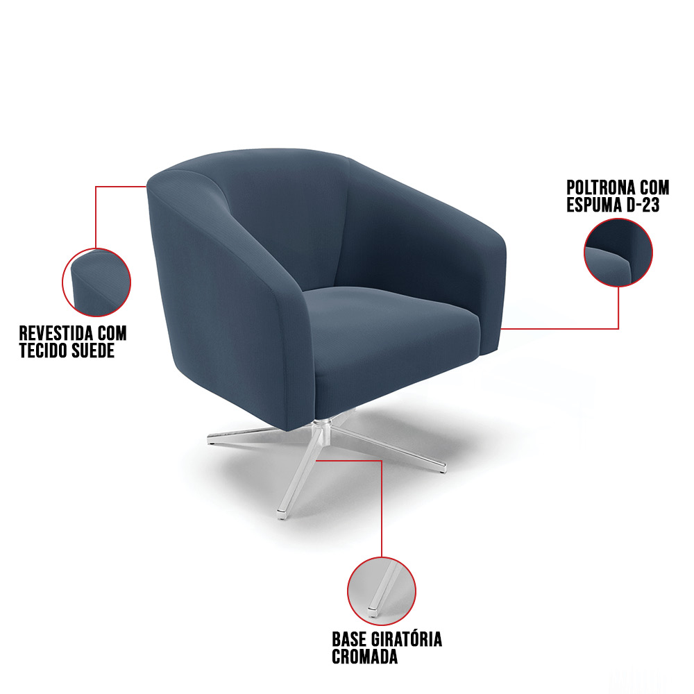 Kit 02 Poltronas Giratória Stella Suede Azul Marinho Base Giratória Cromada - D'Rossi