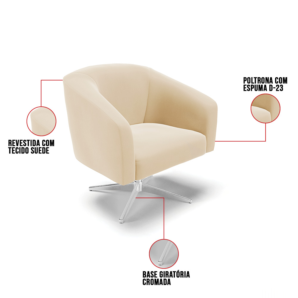 Kit 02 Poltronas Giratória Stella Suede Bege Base Giratória Cromada - D'Rossi