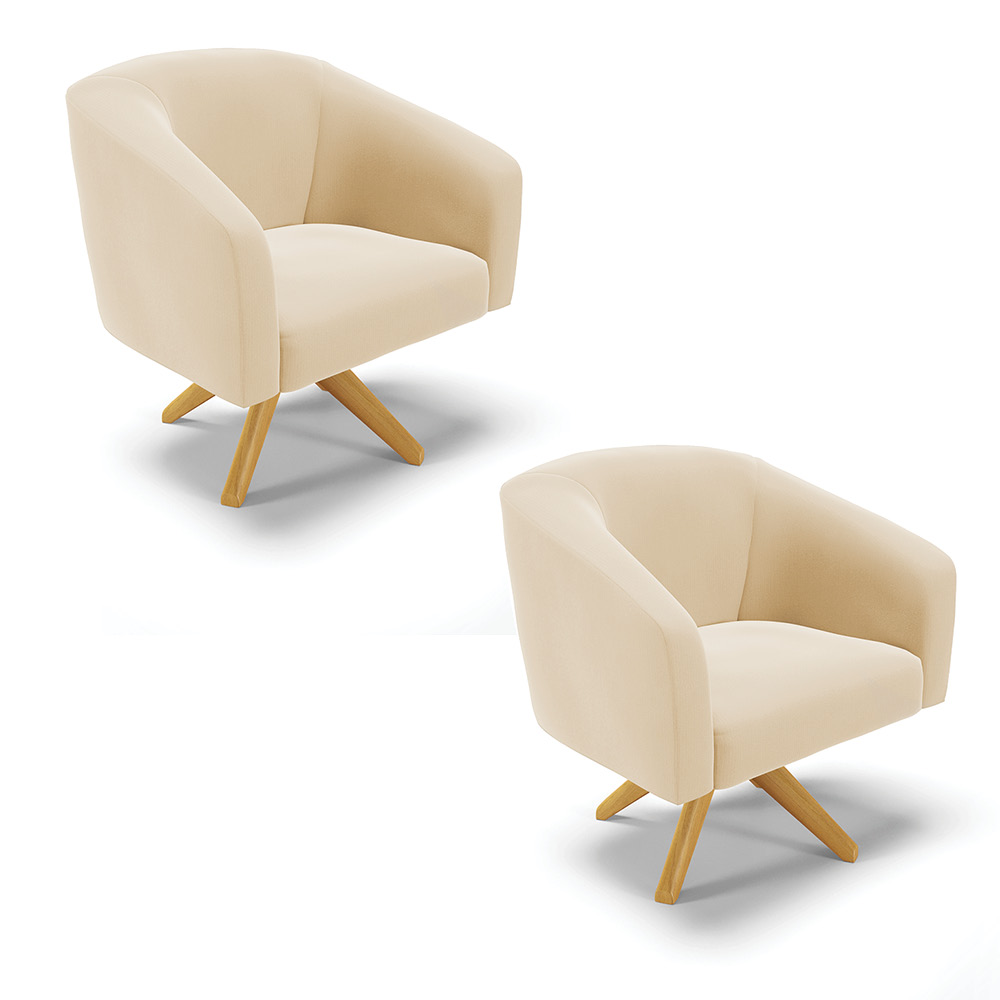 Kit 02 Poltronas Giratória Stella Suede Bege Base Madeira MA30 - D'Rossi