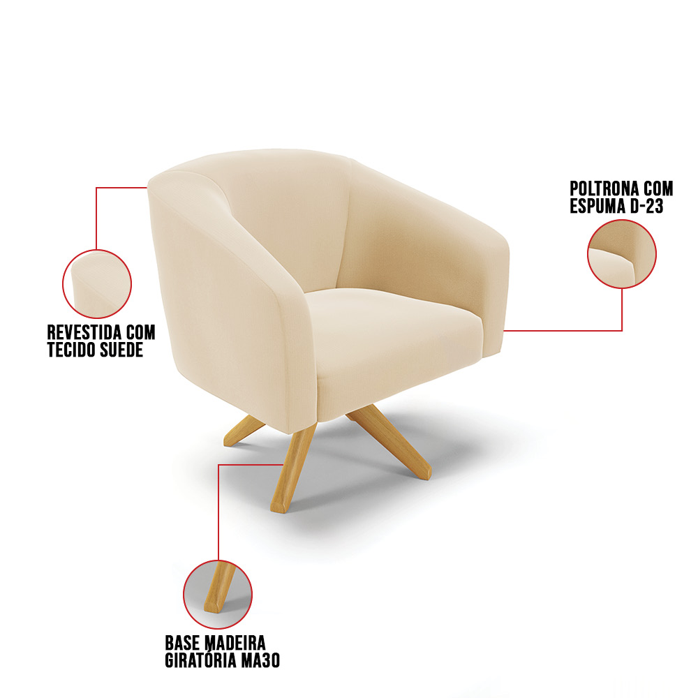 Kit 02 Poltronas Giratória Stella Suede Bege Base Madeira MA30 - D'Rossi