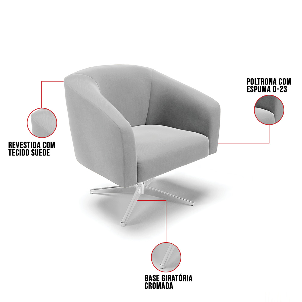 Kit 02 Poltronas Giratória Stella Suede Cinza Base Cromada - D'Rossi