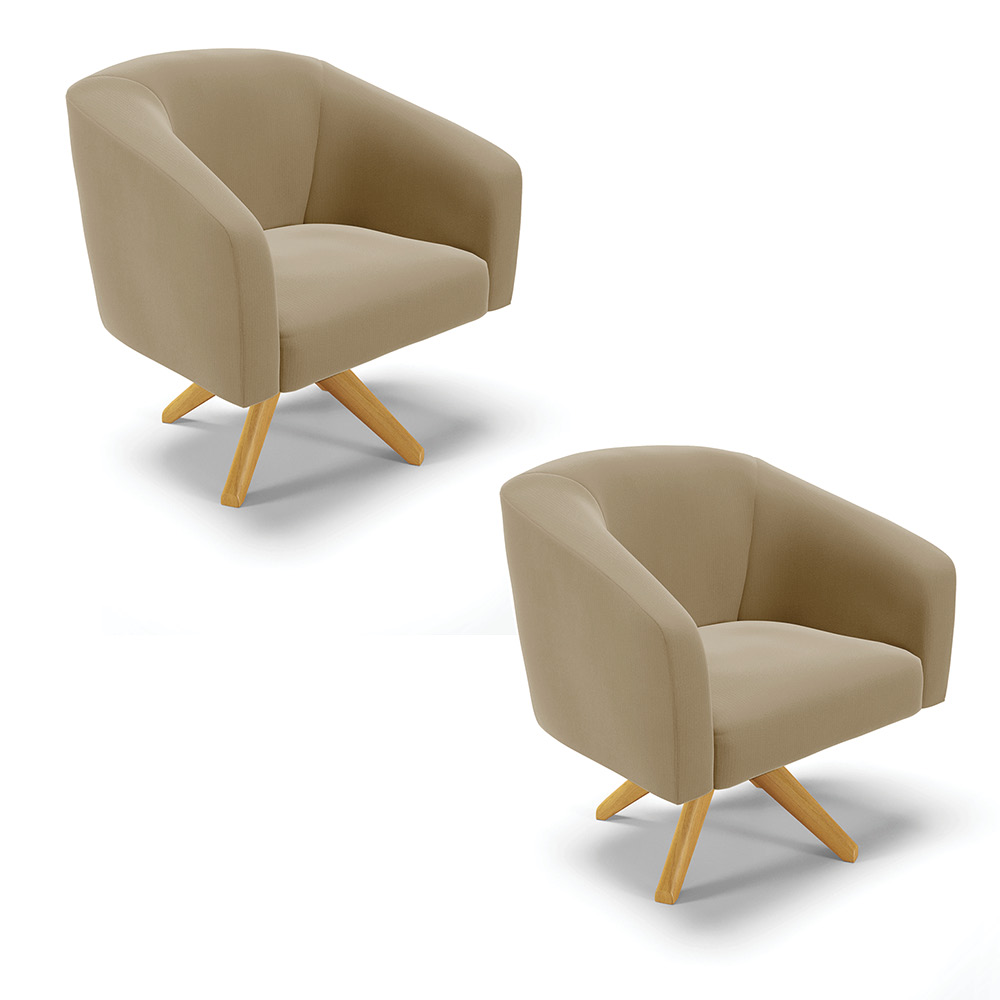 Kit 02 Poltronas Giratória Stella Suede Marrom Rato Base Madeira MA30 - D'Rossi