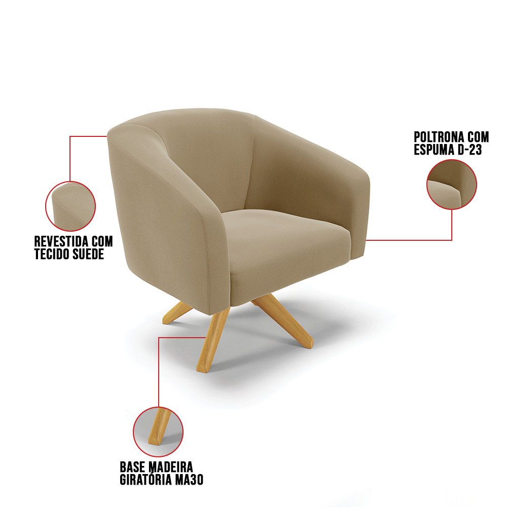 Kit 02 Poltronas Giratória Stella Suede Marrom Rato Base Madeira MA30 - D'Rossi