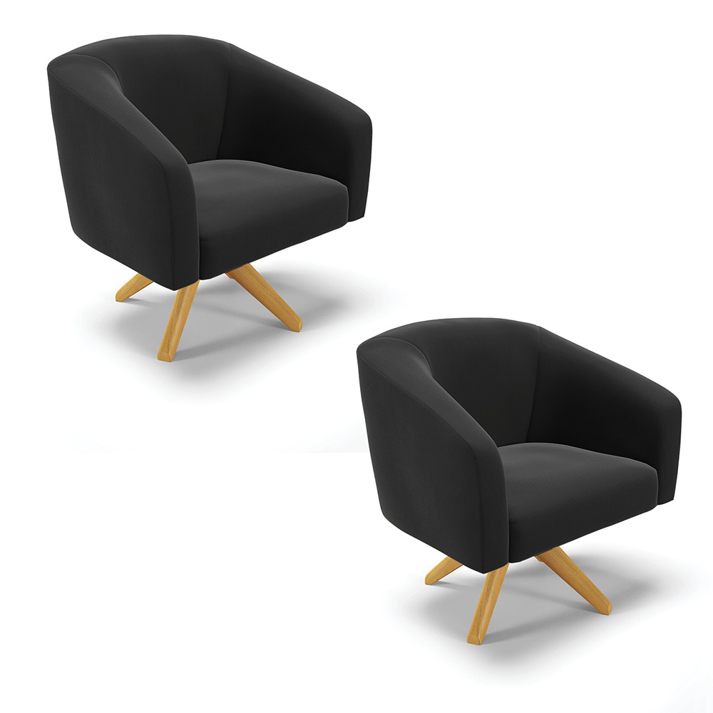 Kit 02 Poltronas Giratória Stella Suede Preto Base Madeira MA30 - D'Rossi