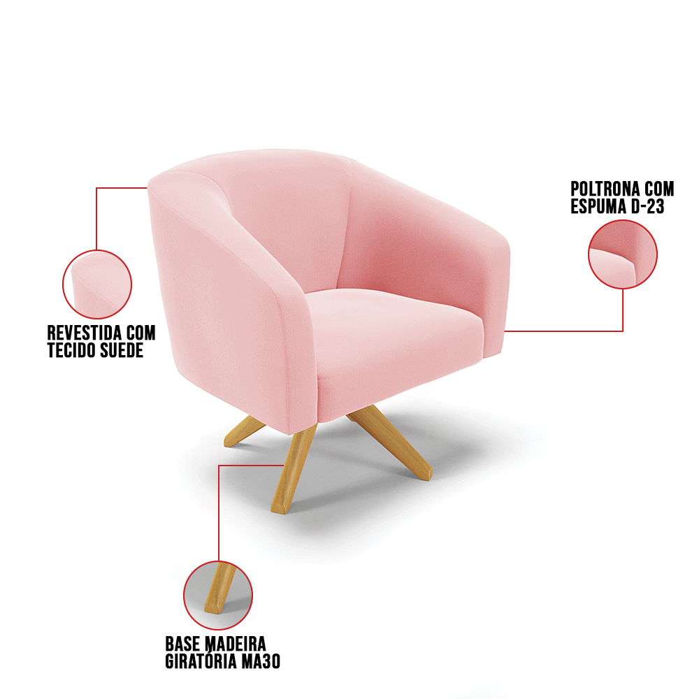 Kit 02 Poltronas Giratória Stella Suede Rosa Bebê Base Madeira MA30 - D'Rossi