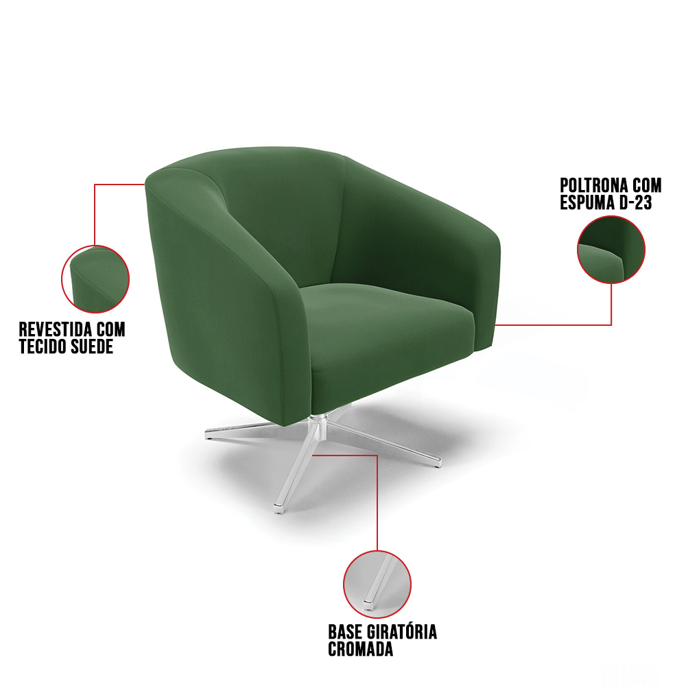 Kit 02 Poltronas Giratória Stella Suede Verde Base Cromada - D'Rossi