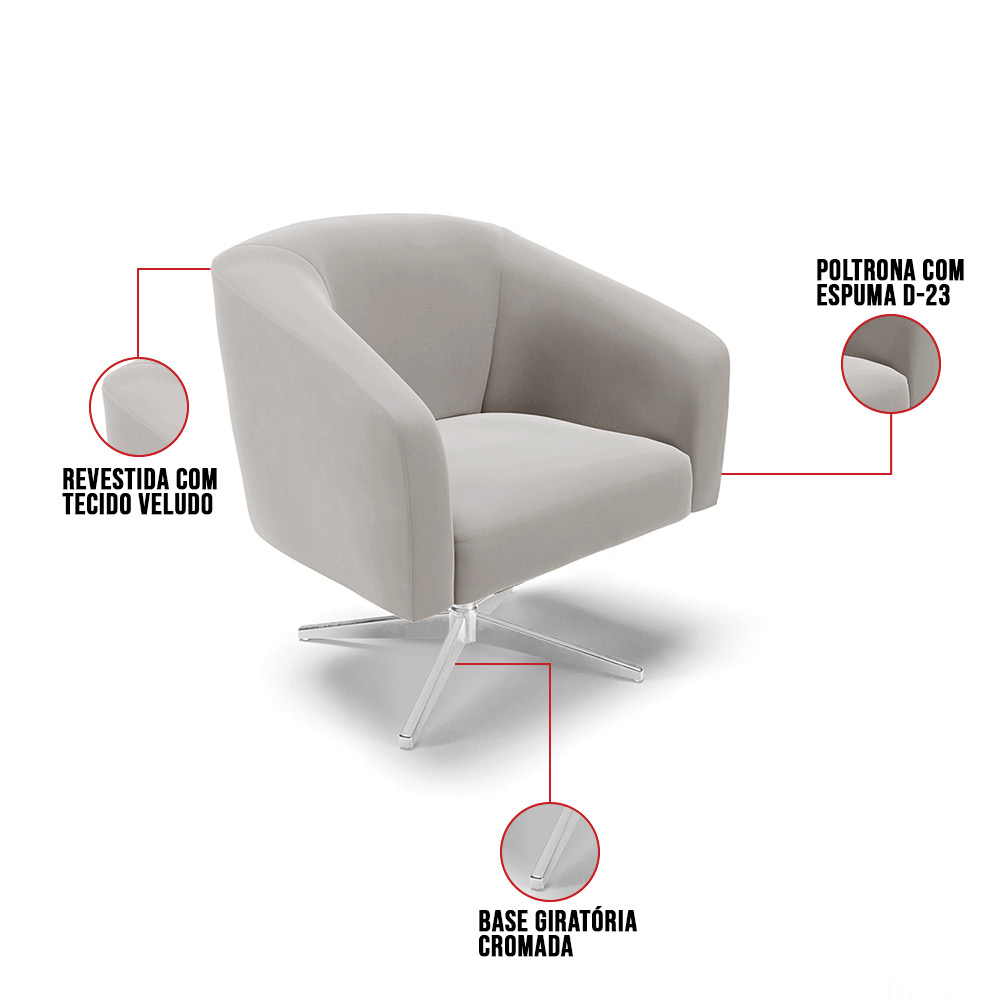 Kit 02 Poltronas Giratória Stella Veludo Cinza Base Cromada - D'Rossi