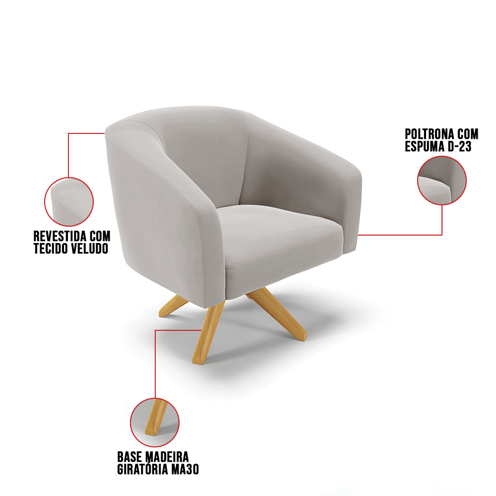 Kit 02 Poltronas Giratória Stella Veludo Cinza Base Madeira MA30 - D'Rossi