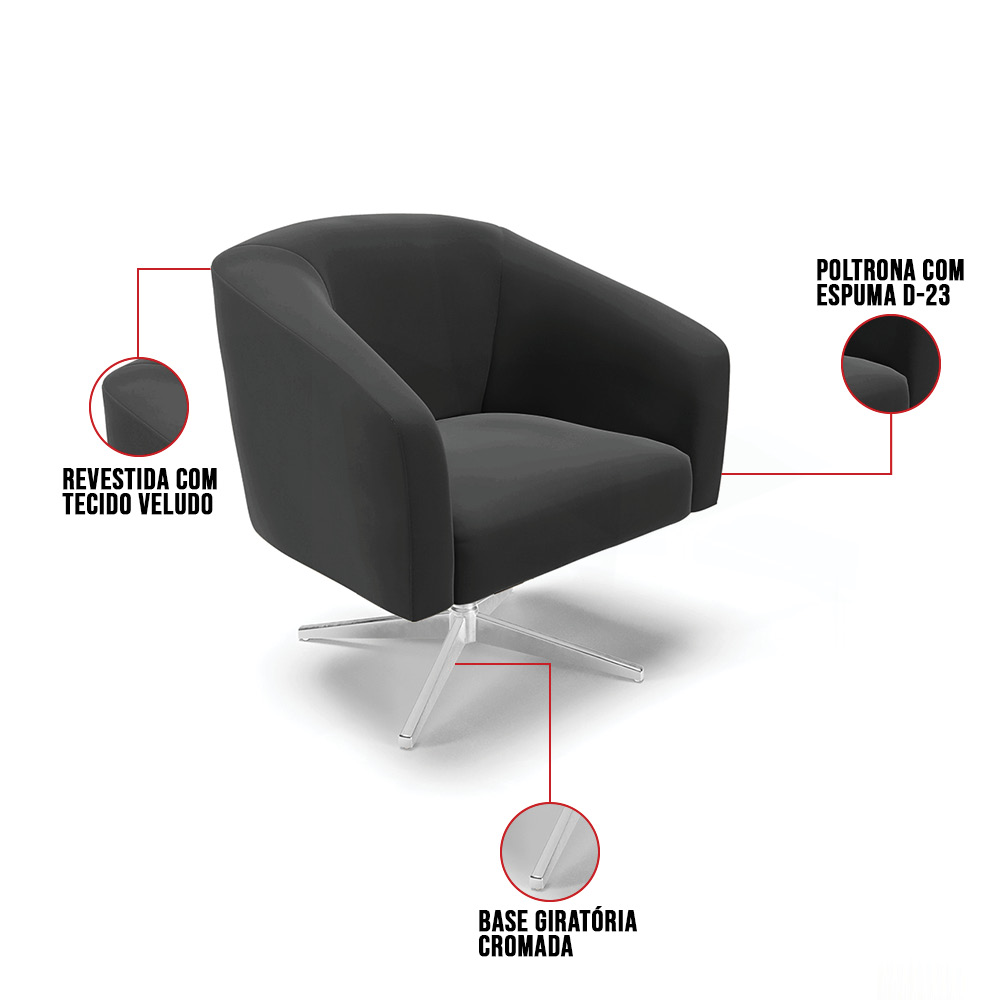 Kit 02 Poltronas Giratória Stella Veludo Preto Base Cromada - D'Rossi