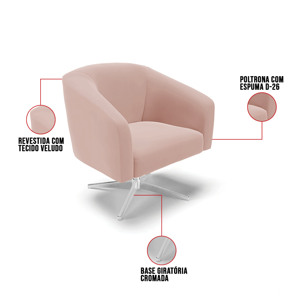 Kit 02 Poltronas Giratória Stella Veludo Rosê Base Cromada - D'Rossi