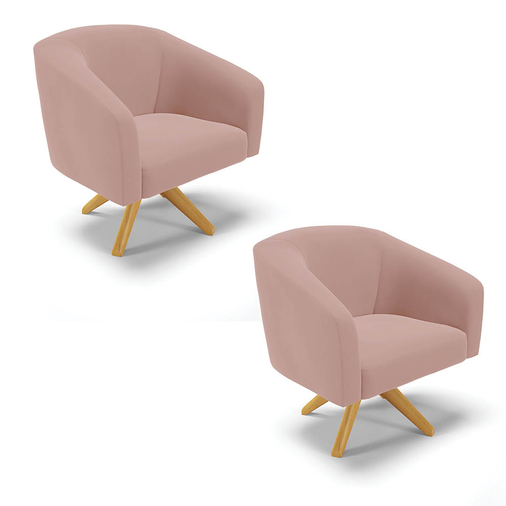 Kit 02 Poltronas Giratória Stella Veludo Rosê Base Madeira MA30 - D'Rossi