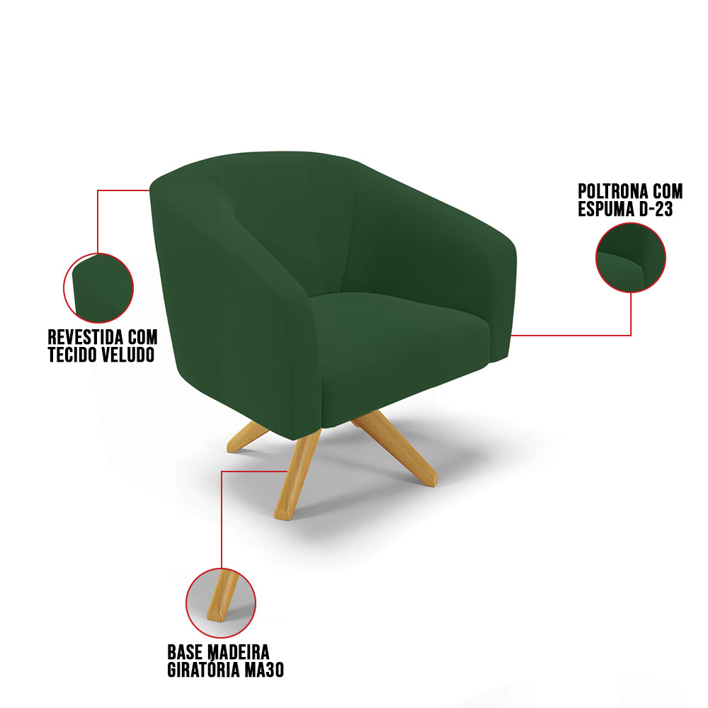 Kit 02 Poltronas Giratória Stella Veludo Verde Base Madeira MA30 - D'Rossi