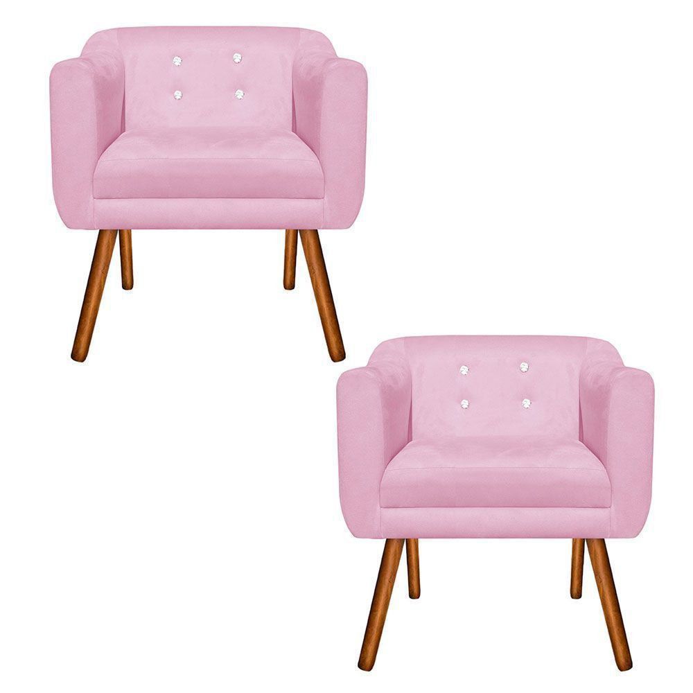 Kit 02 Poltronas Julia Suede Rosa Bebê Com Strass Pés Palito Castanho D'Rossi