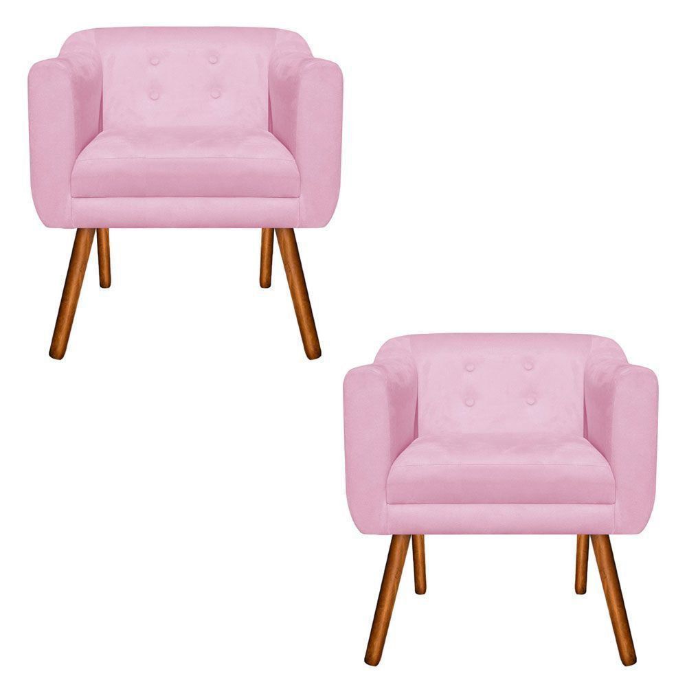 Kit 02 Poltronas Julia Suede Rosa Bebê Pés Palito Castanho D'Rossi