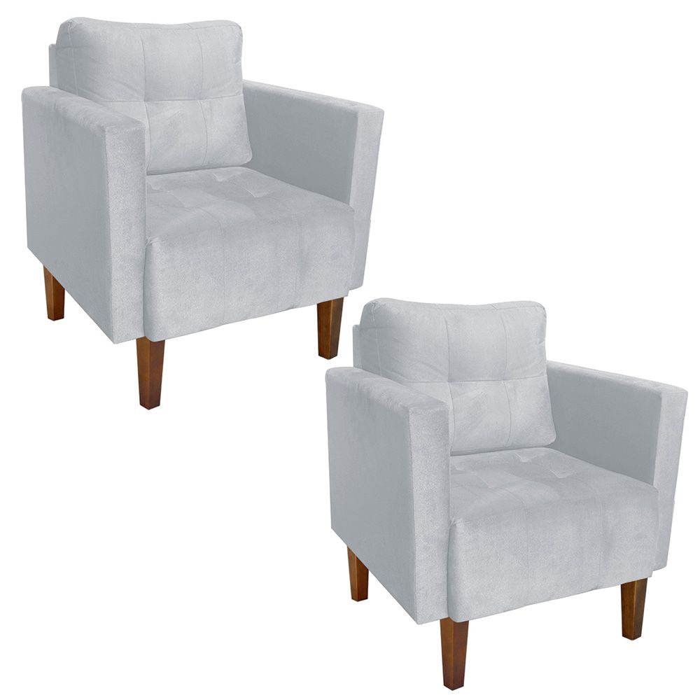 Kit 02 Poltronas Lívia Suede Cinza Pés Chanfrado D'Rossi