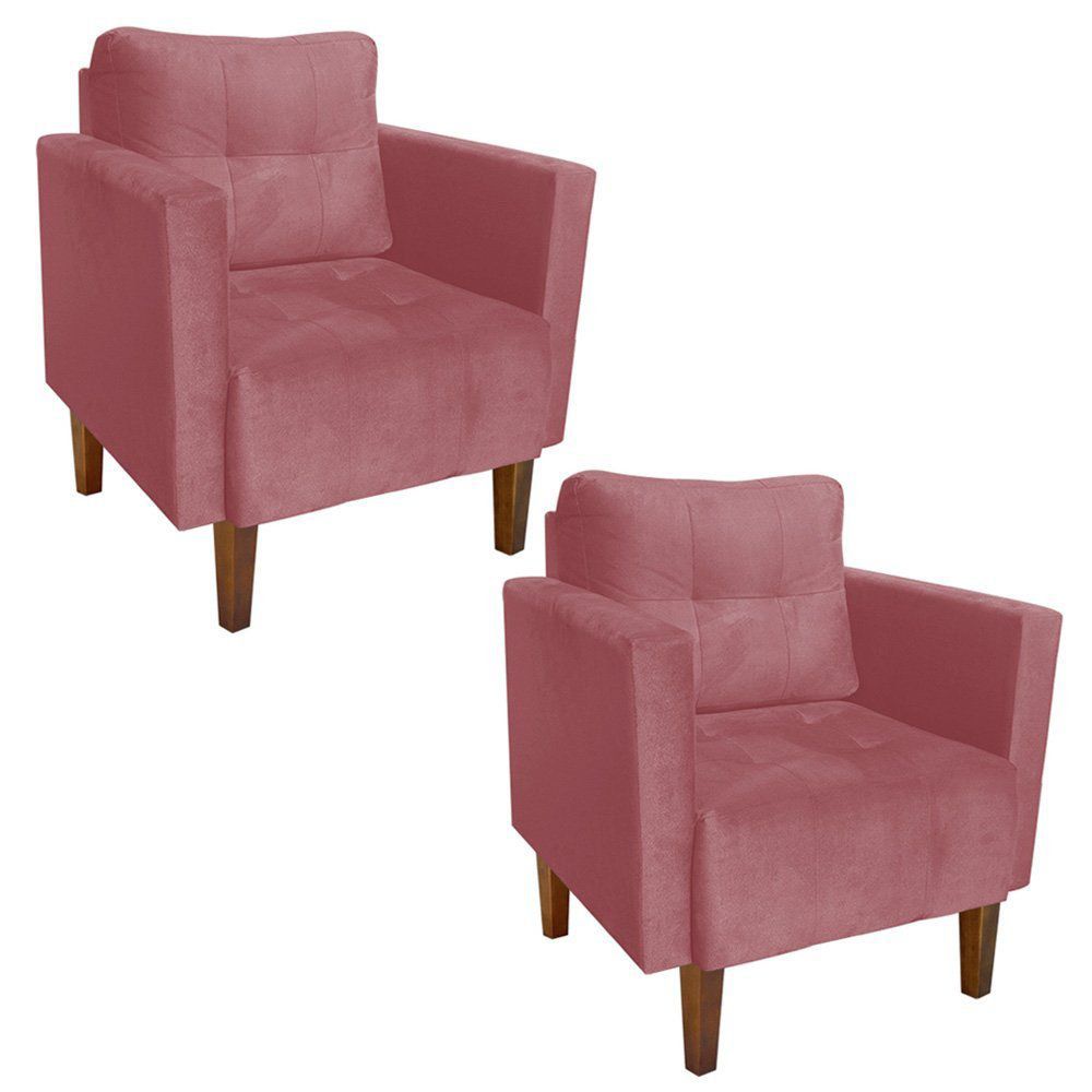Kit 02 Poltronas Lívia Suede Rose Pés Chanfrado D'Rossi