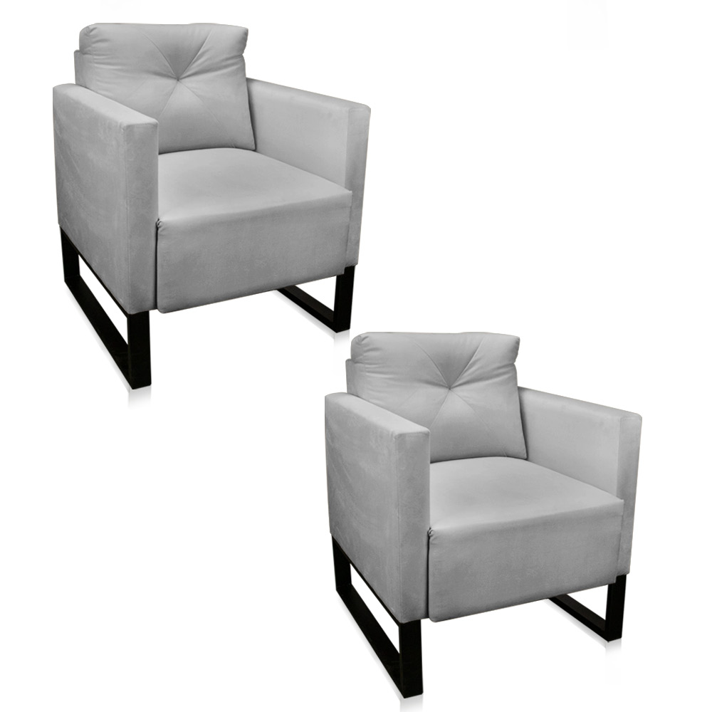 Kit 02 Poltronas Luisa Suede Cinza Base Industrial Metálica Preto - D'Rossi