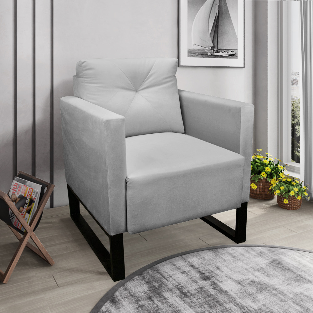 Kit 02 Poltronas Luisa Suede Cinza Base Industrial Metálica Preto - D'Rossi
