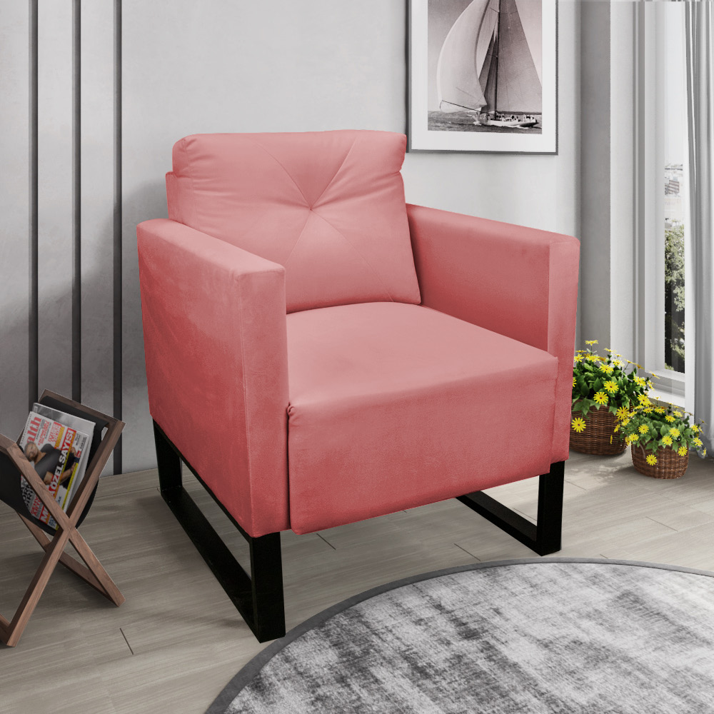 Kit 02 Poltronas Luisa Suede Rosê Base Industrial Metálica Preto - D'Rossi