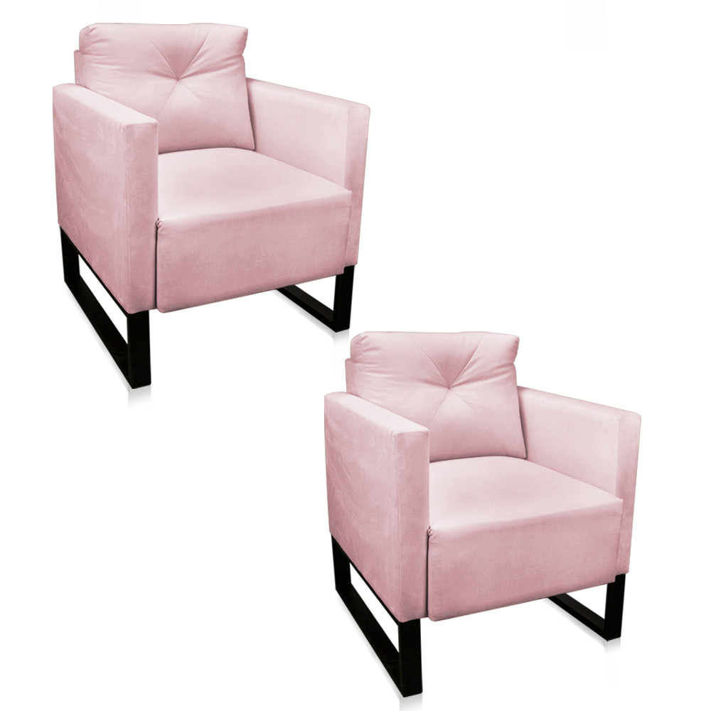 Kit 02 Poltronas Luisa Suede Rosa Bebê Base Industrial Metálica Preto - D'Rossi