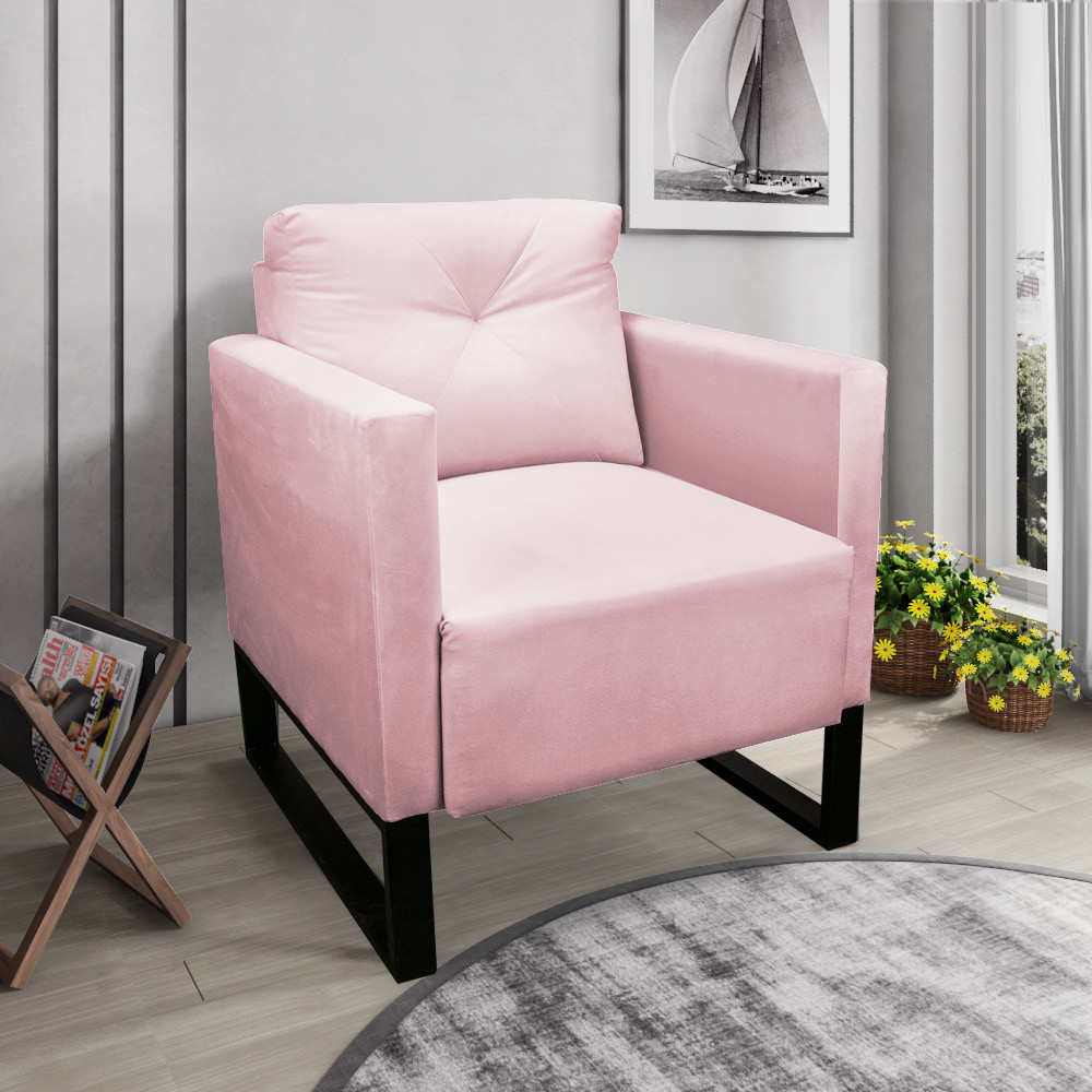 Kit 02 Poltronas Luisa Suede Rosa Bebê Base Industrial Metálica Preto - D'Rossi