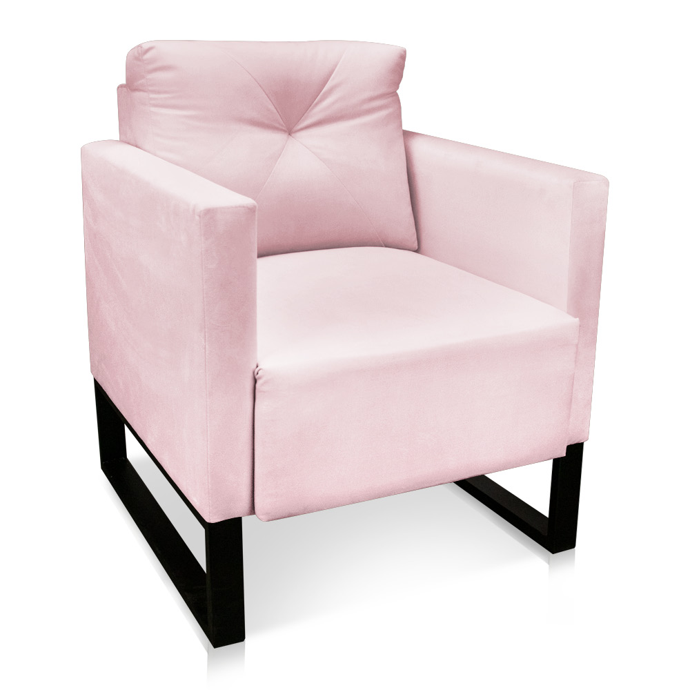 Kit 02 Poltronas Luisa Suede Rosa Bebê Base Industrial Metálica Preto - D'Rossi