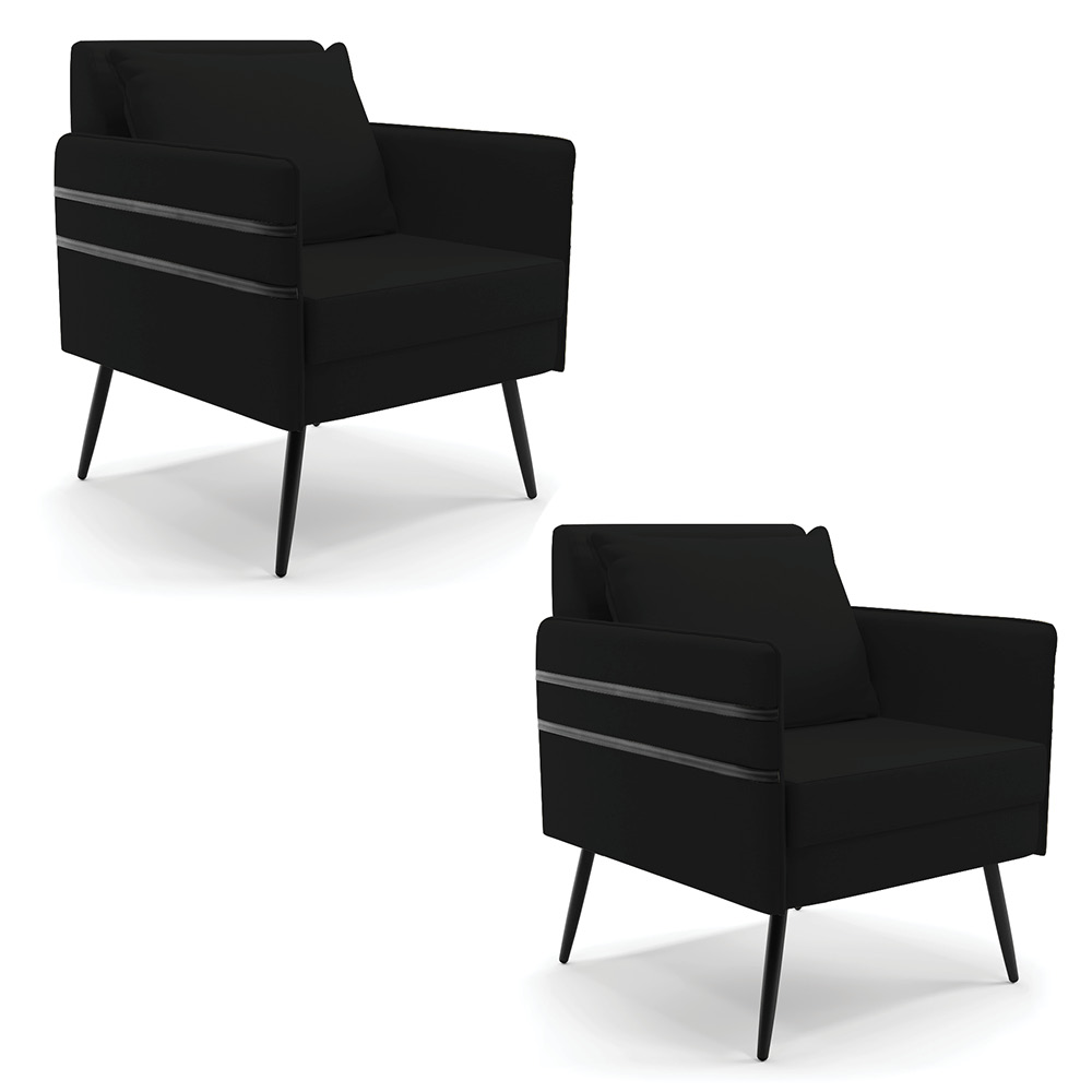 Kit 02 Poltronas Mari Linho Preto A79 Pés Palito de Ferro Preto - D'Rossi
