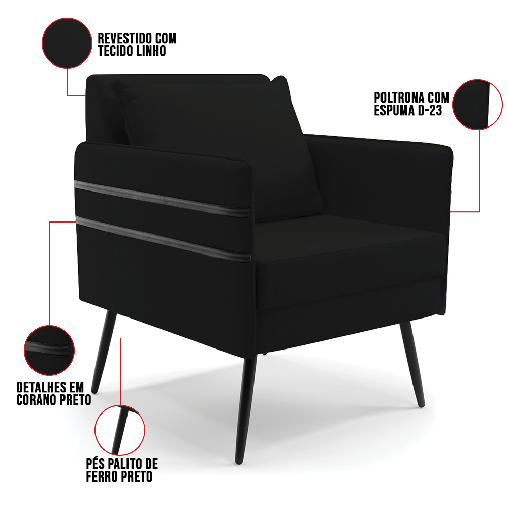 Kit 02 Poltronas Mari Linho Preto A79 Pés Palito de Ferro Preto - D'Rossi