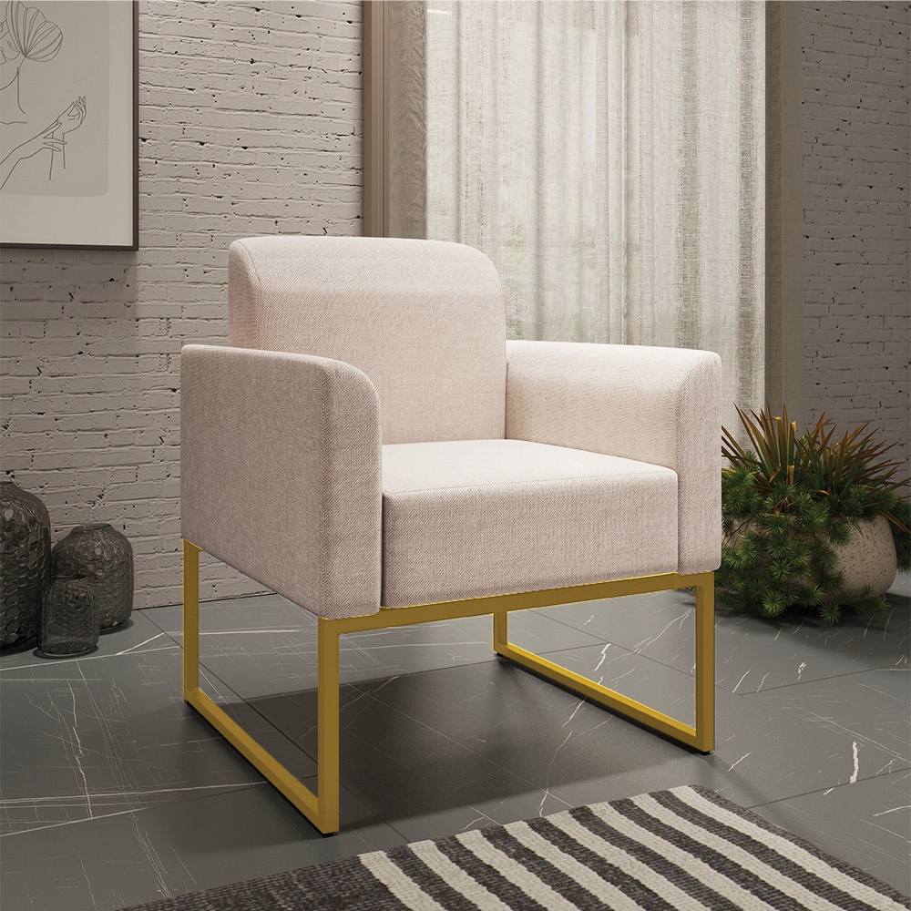 Kit 02 Poltronas Marisa Linho Areia A27 Base Industrial Metálica Dourado - D'Rossi