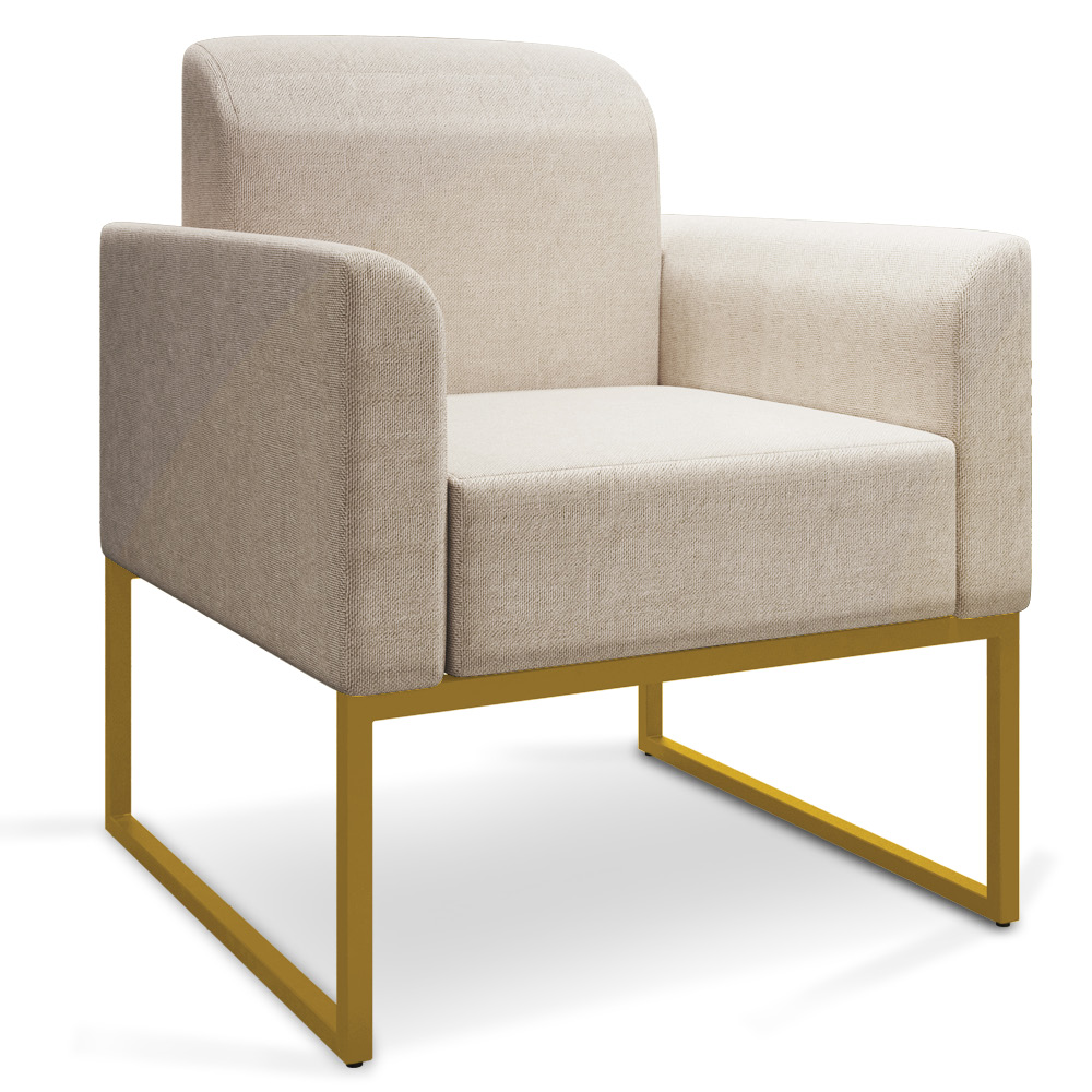 Kit 02 Poltronas Marisa Linho Areia A27 Base Industrial Metálica Dourado - D'Rossi