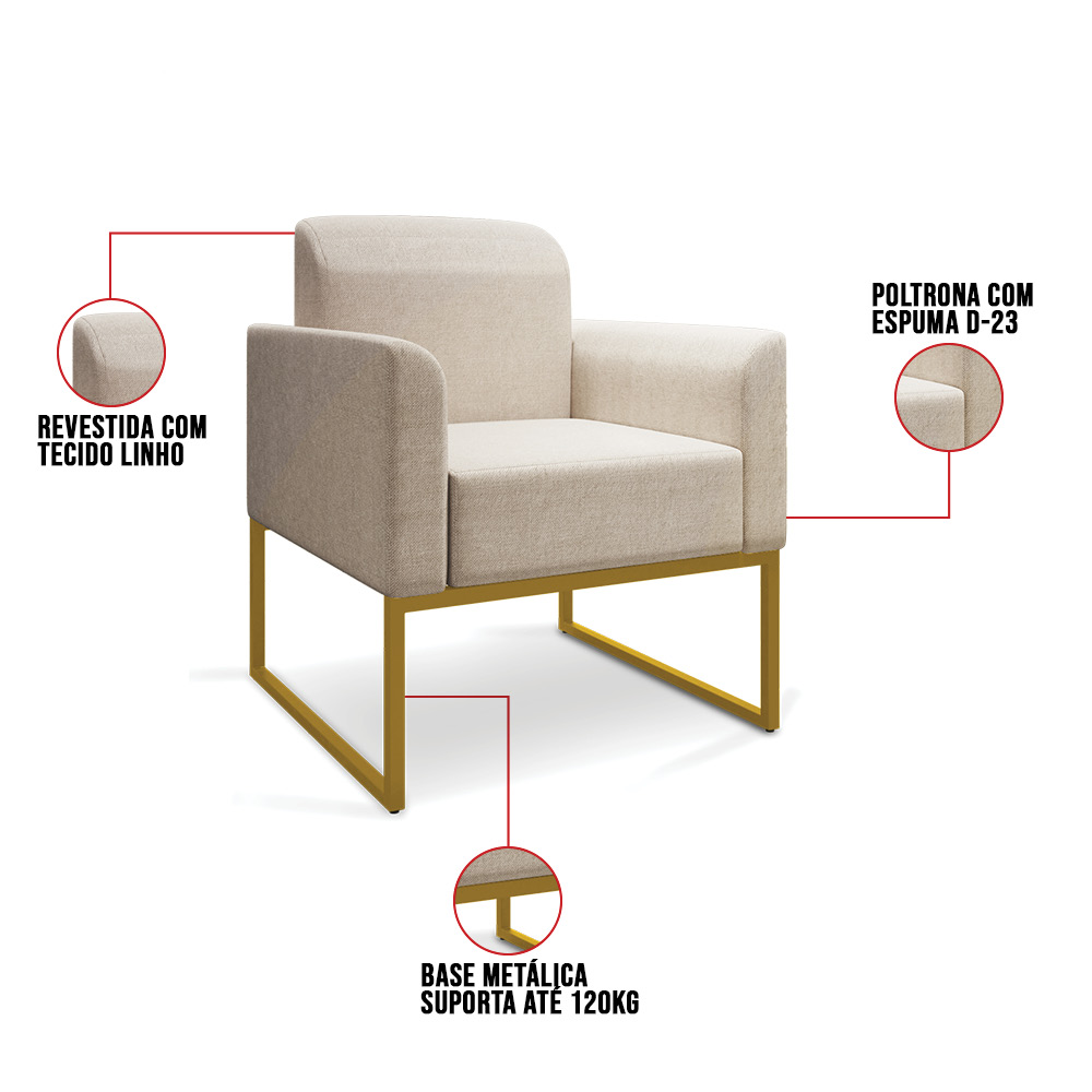Kit 02 Poltronas Marisa Linho Areia A27 Base Industrial Metálica Dourado - D'Rossi