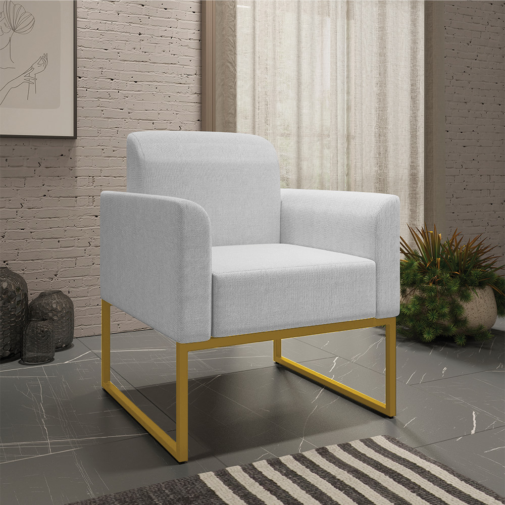 Kit 02 Poltronas Marisa Linho Cinza A05 Base Industrial Metálica Dourado - D'Rossi