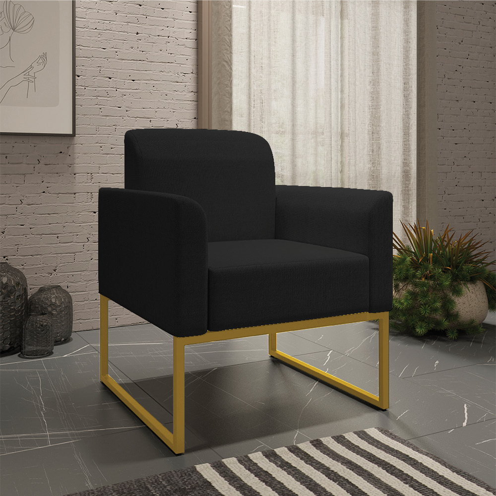 Kit 02 Poltronas Marisa Linho Preto A79 Base Industrial Metálica Dourado - D'Rossi