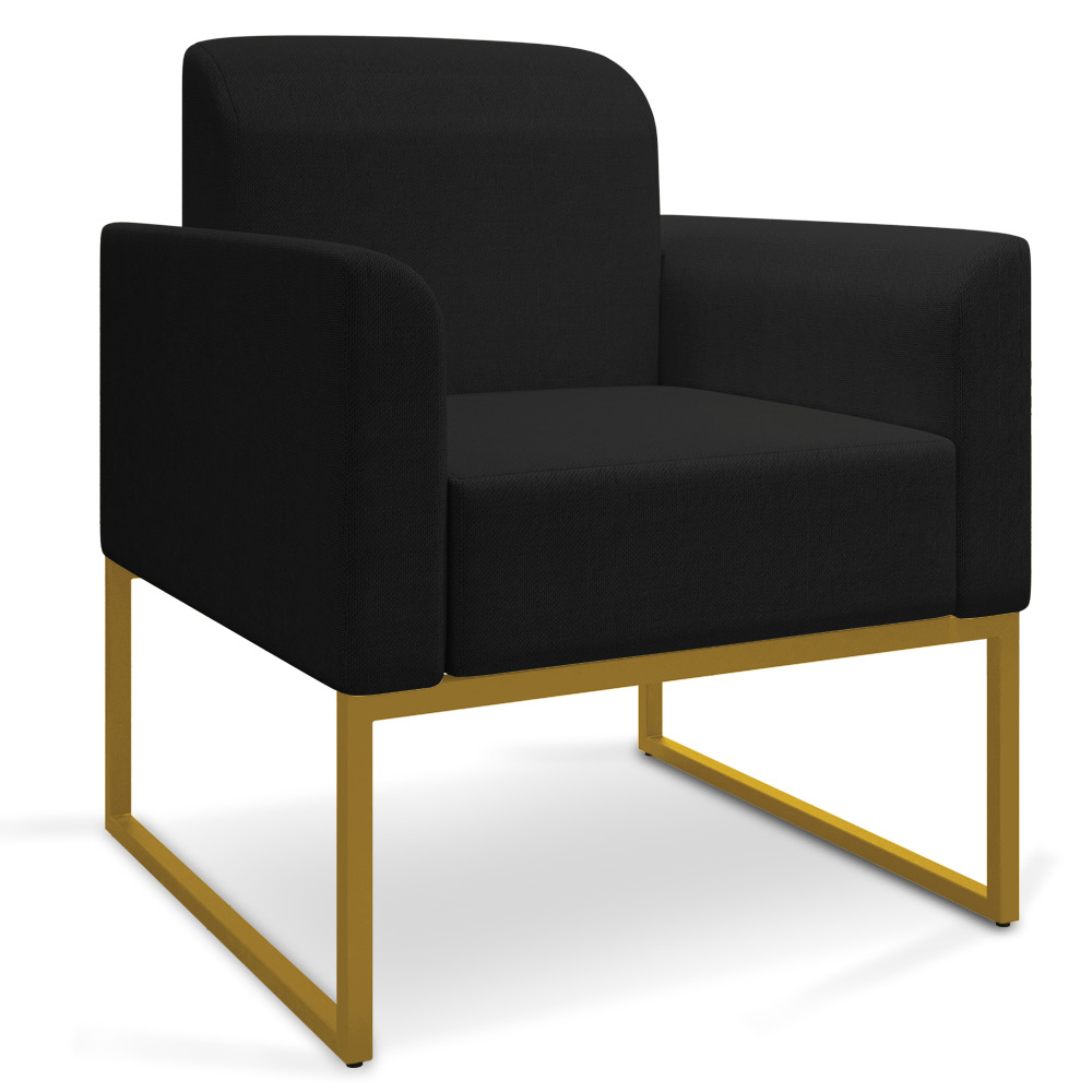 Kit 02 Poltronas Marisa Linho Preto A79 Base Industrial Metálica Dourado - D'Rossi