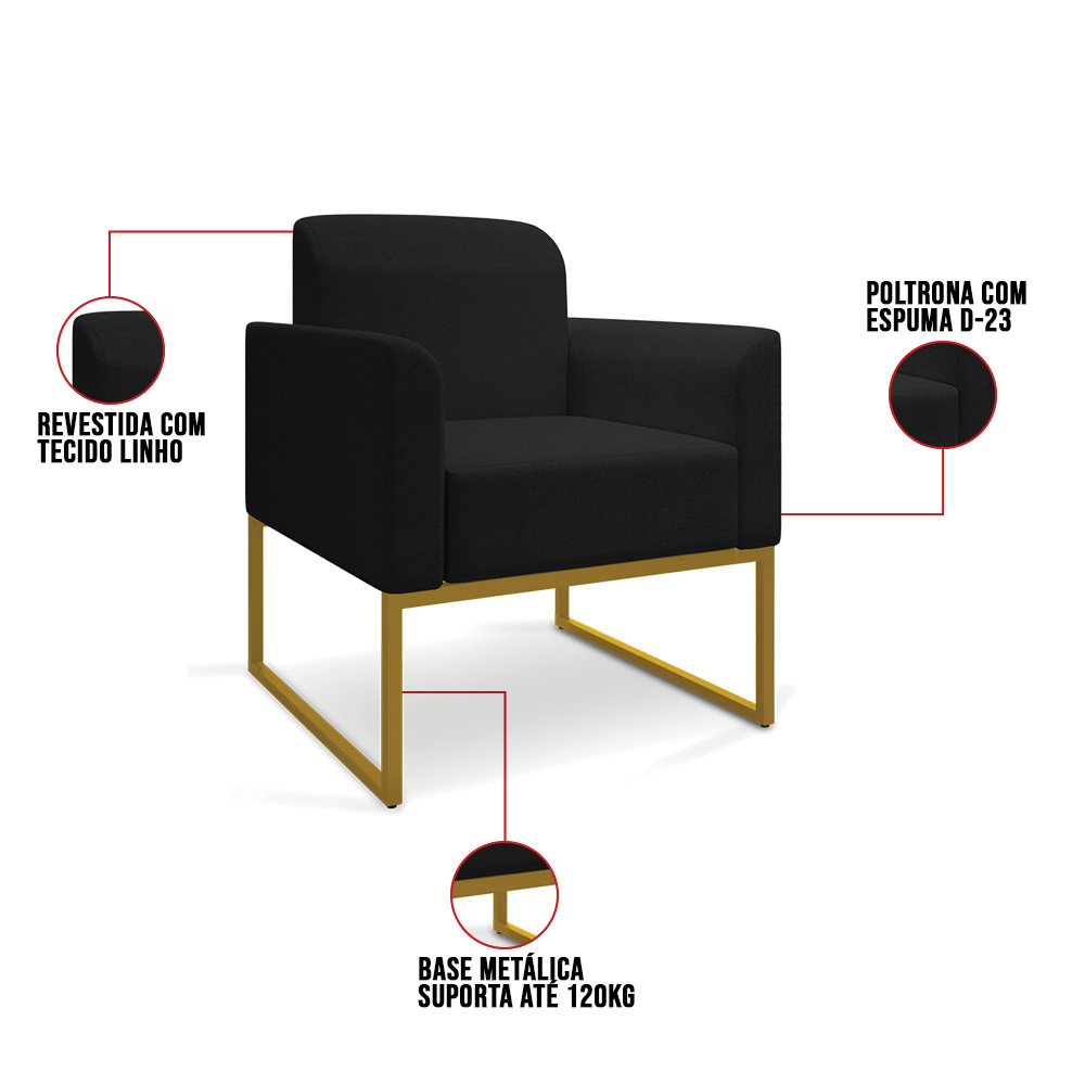 Kit 02 Poltronas Marisa Linho Preto A79 Base Industrial Metálica Dourado - D'Rossi