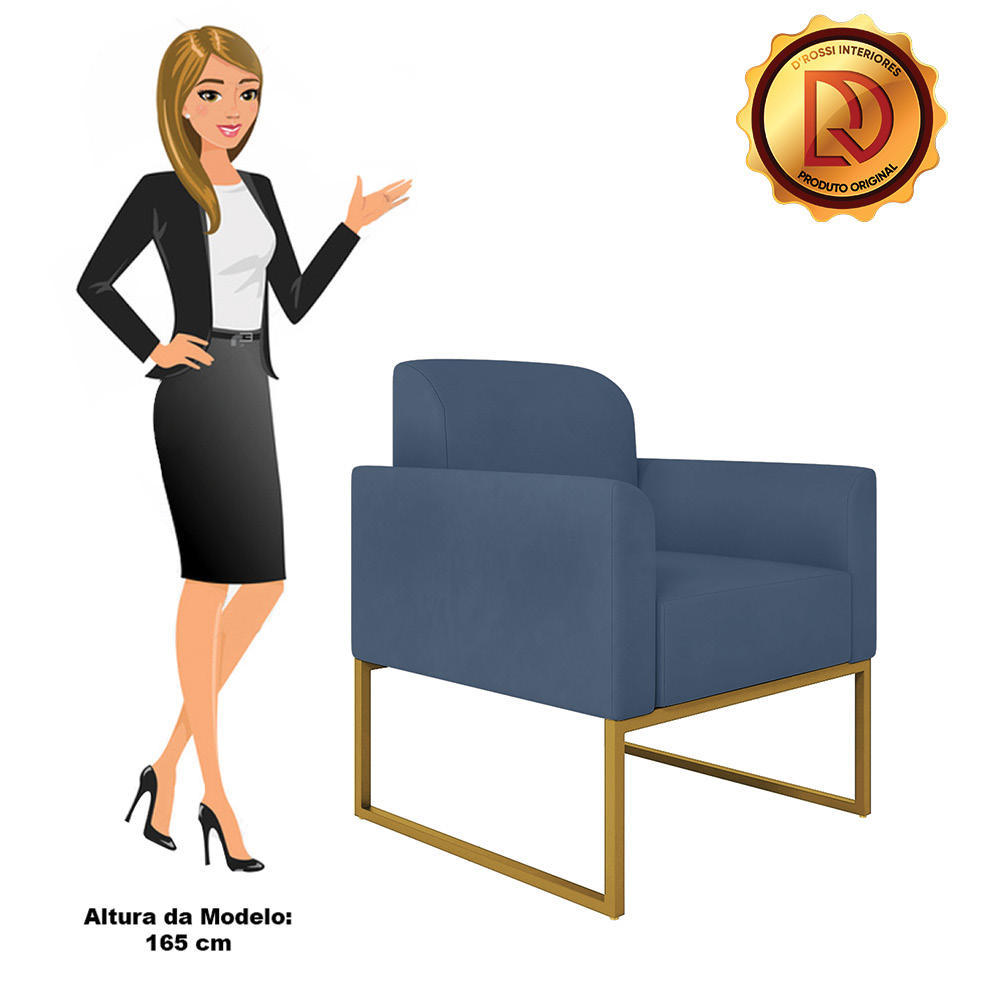 Kit 02 Poltronas Marisa Suede Azul Marinho Base Industrial Metálica Dourado D'Rossi
